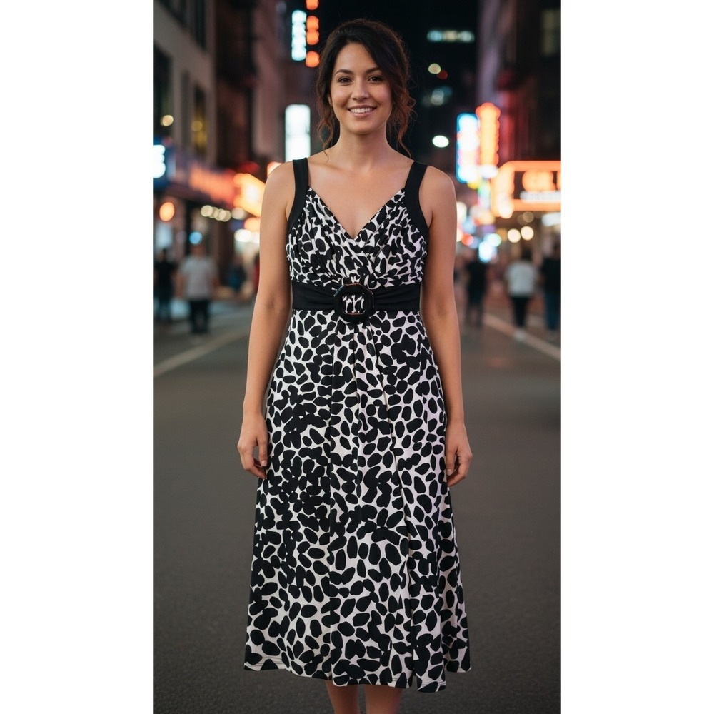 White House Black Market Black White Pebble Print Midi Dress Buckle Size 8
